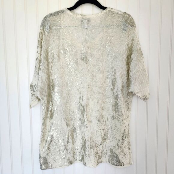 CHICO'S Travelers Collection Cream Metallic Cotton/Linen Blend Open Knit Top 2/L - Picture 4 of 5